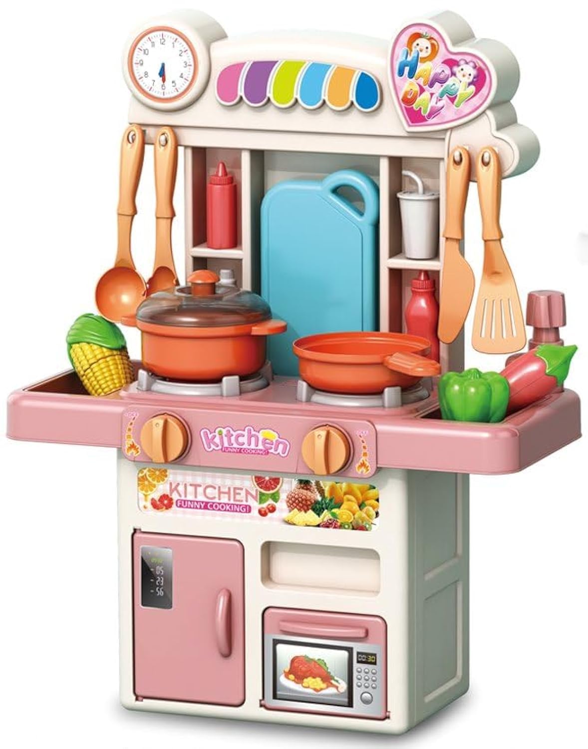 Reva Cooking Kitchen Set Toy - 33PCS Mini Kitchen Playset for Kids with Water Spray, Light & Sound Effects - Toddler Pretend Play Appliances, Sink & Miniature Food - Educational Gift for Girls & Boys