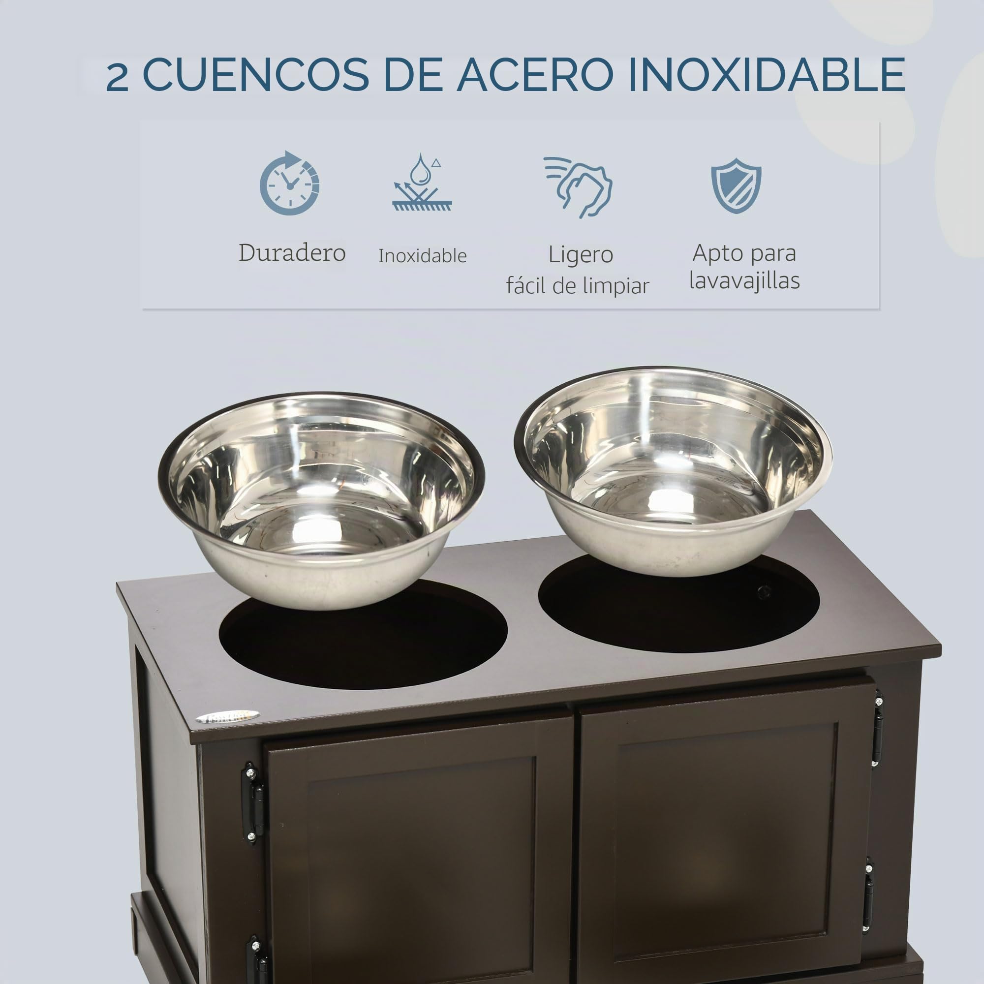 PawHut Comedero para perros, comedero elevado con 2 cuencos de acero inoxidable, cuenco de agua con espacio de almacenamiento de 29,5 l, comedero para perros grandes, café