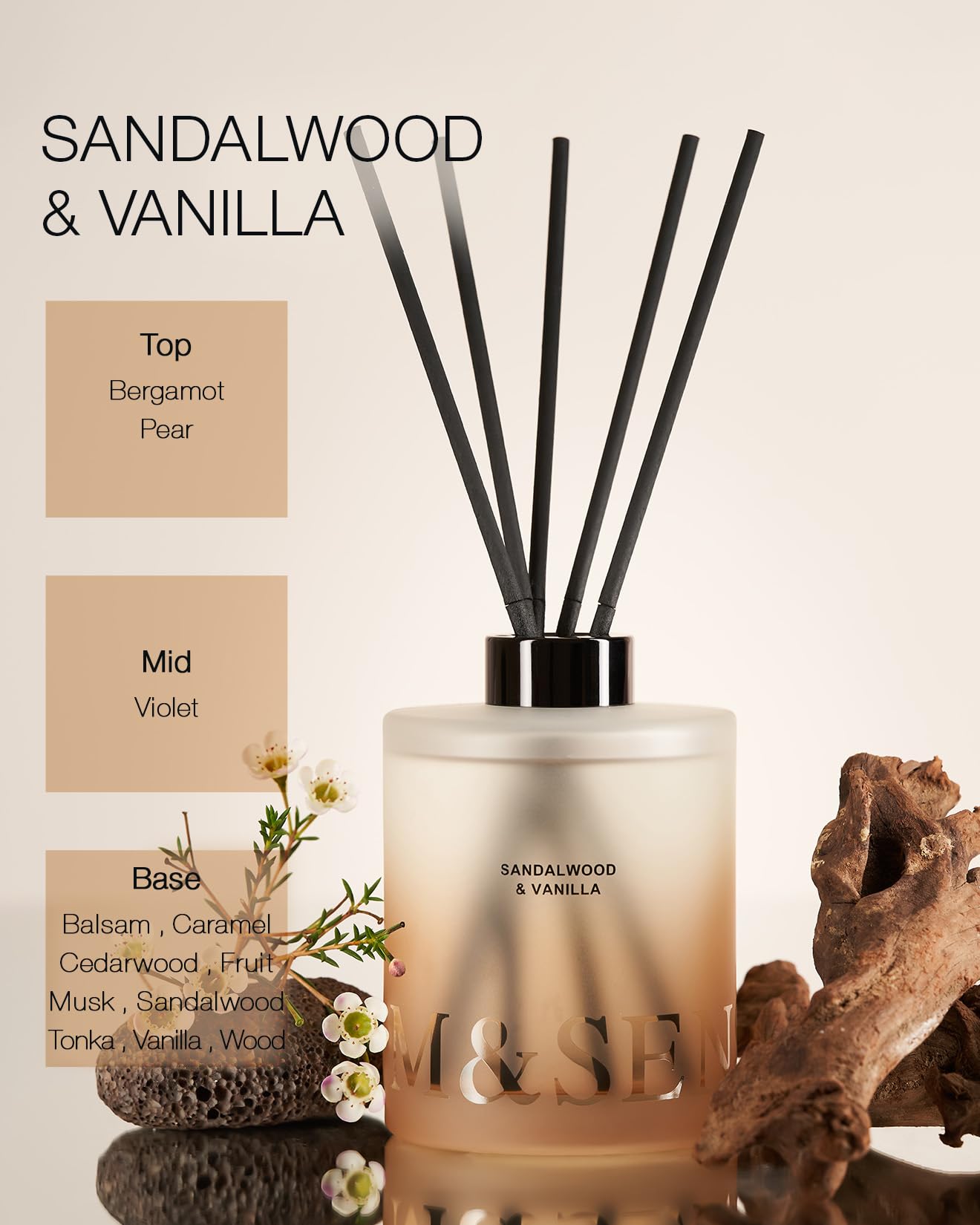 M&SENSE Sandalwood & Vanilla Reed Diffuser Set - 16.9 fl oz Long-Lasting Scent, Non-Toxic Essential Oil Diffuser for Home, Fragrance Diffuser Housewarming Gift & Bathroom Bedroom Decor