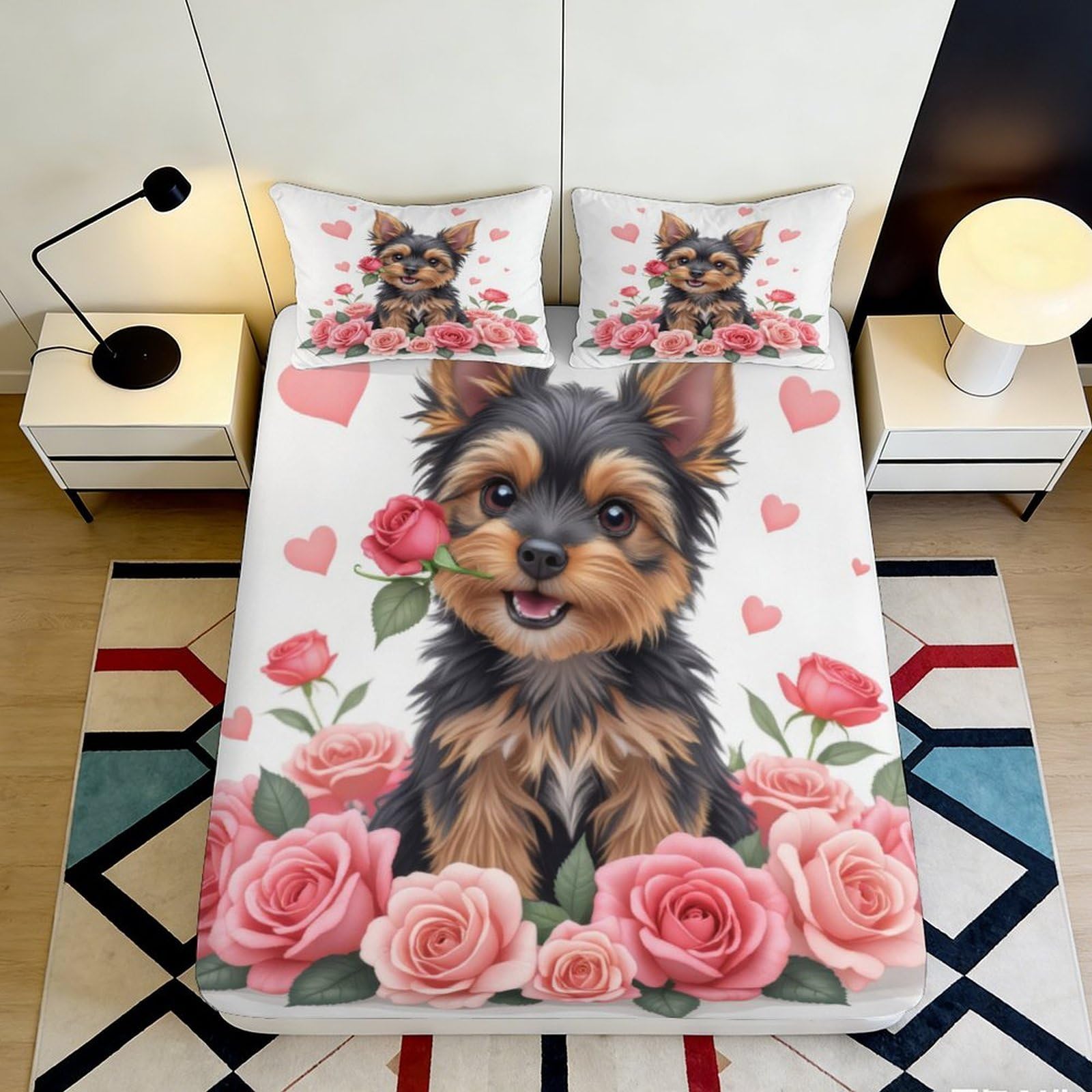 3D Printed Bunny Fitted Sheet Microfiber Non-Slip Deep Pocket Bedroom Bedding Cartoon Rabbit Mattress Fitted Cover Washable for All Ages 180x200x25cm
