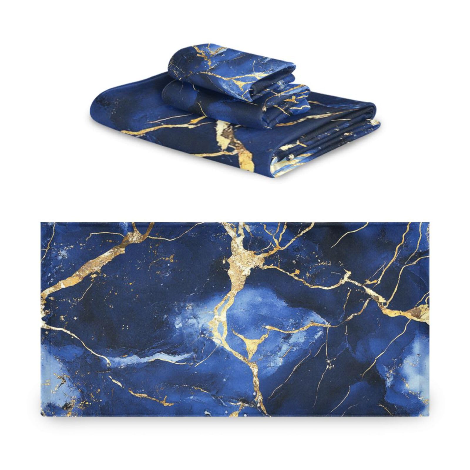 Set di 3 asciugamani per il viso morbidi con texture marmorizzata blu oro irregolare, 1 asciugamano da bagno, 1 asciugamano per le mani, 1 panno per la casa, cucina e famiglia