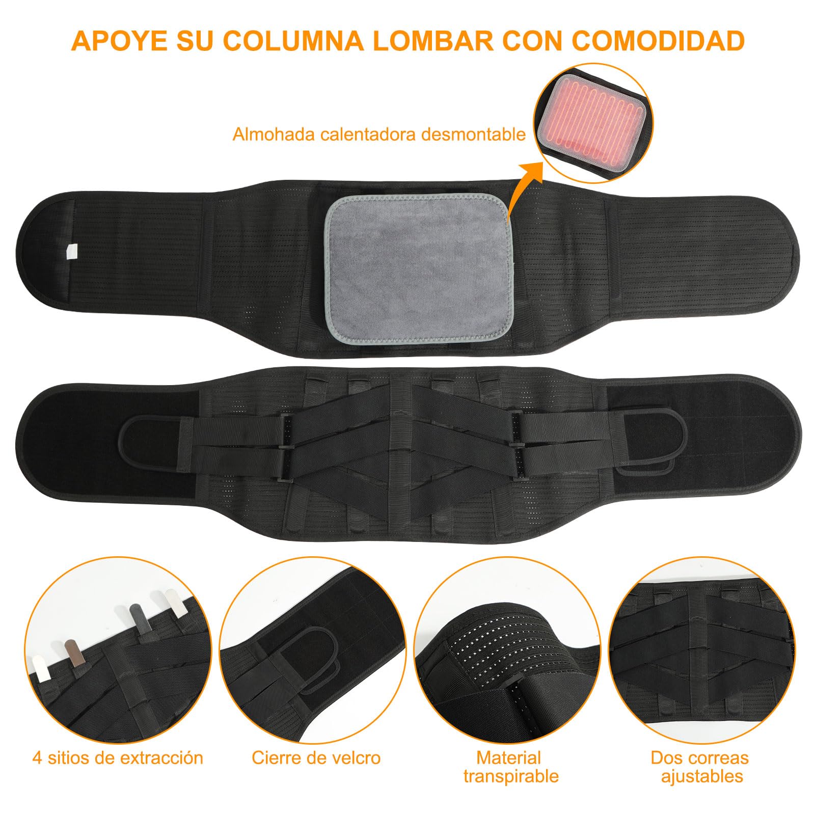 Cinturón Calefactable para la Espalda, Soporte Lumbar con Almohadilla Térmica para Hombres y Mujeres. Cinturón Eléctrico para Dolor de Espalda con 5000 mAh Powerbank Incluido