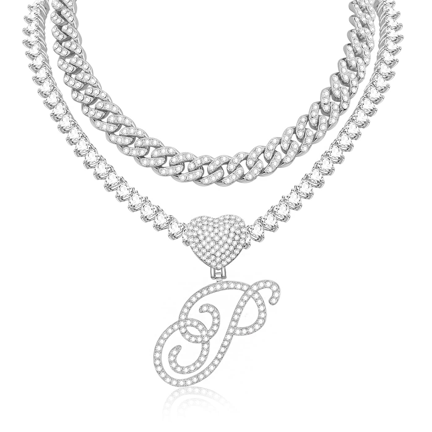 Gold Cuban Link Chain for Women Cursive Initial Pendant Necklace Layered Heart Shaped Zirconia Iced Out Chain Bling Necklace 24K Gold Plated Luxury Hip Hop Jewelry