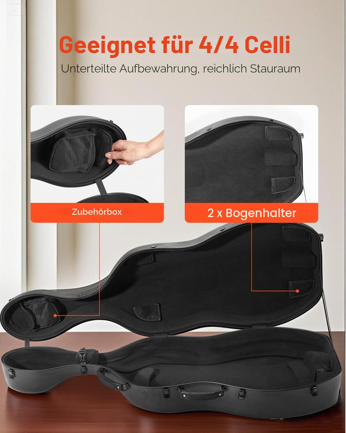 VEVOR 4/4-Cellokoffer in voller Größe, Verbundkohlenstofffaser, tragbare Reisetragetasche, mit Weichfutter, Zwei Schultergurten, Kratzfest, professionelle Celloform, für Cello, schwarz