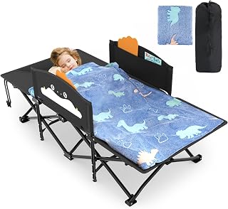 Slendor Toddler Cot w/Cartoon Handrail & Blanket, Kids Folding Travel Bed