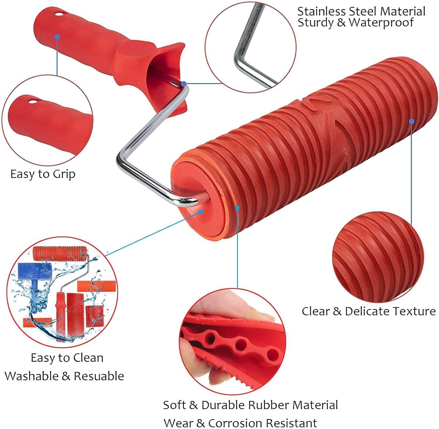 Wood Graining Tool Set, 6pcs 7 Fake Wood Grain Roller Painting Tool with Handle DIY Rubber Graining Tool Paint Look Like Wood for Wall Room Art Paint Decoration