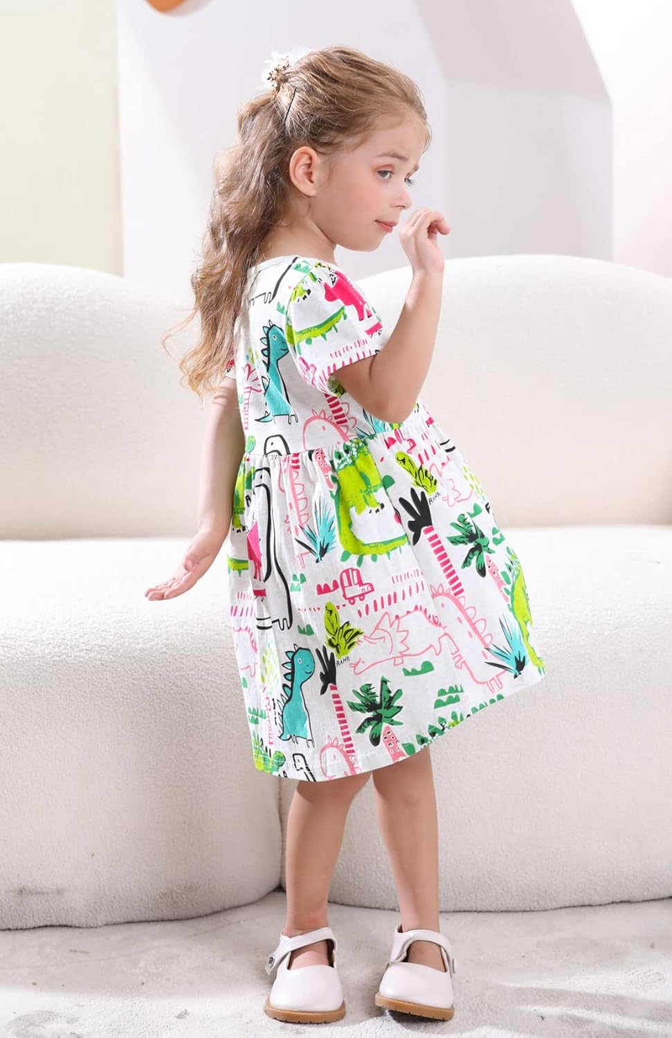 Frogwill Toddler Girls Cotton Dinosaur Tunic Dress Short Sleeve Summer Casual Outfit 2-7T - Image 5