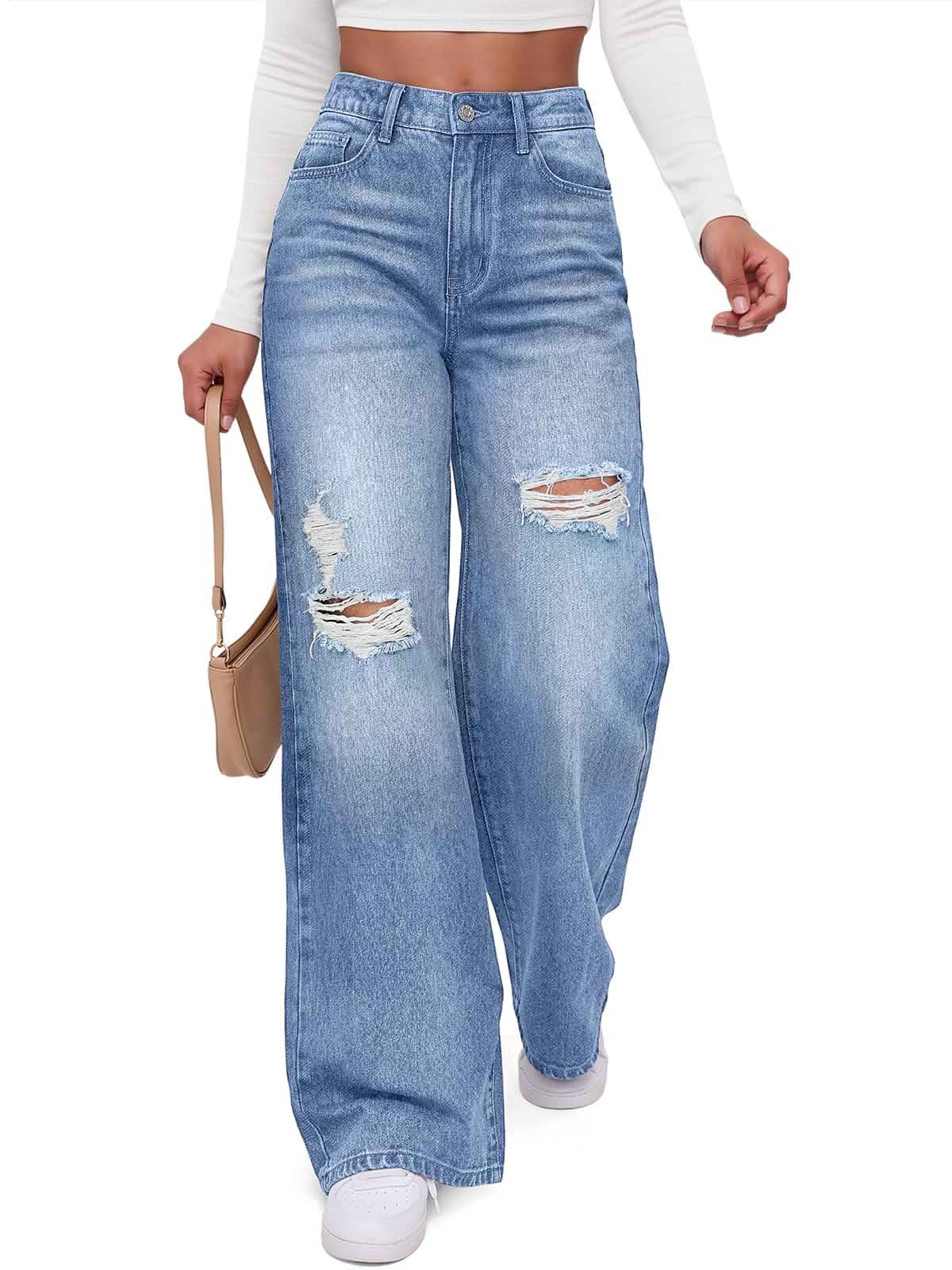 Trendy Queen Women's Wide Leg Ripped Jeans High Waisted Pants Denim Classic Jeans, Baggy Y2k Pants, Loose Fit Fashion Clothes, Wide Leg Soft Cotton Jeans