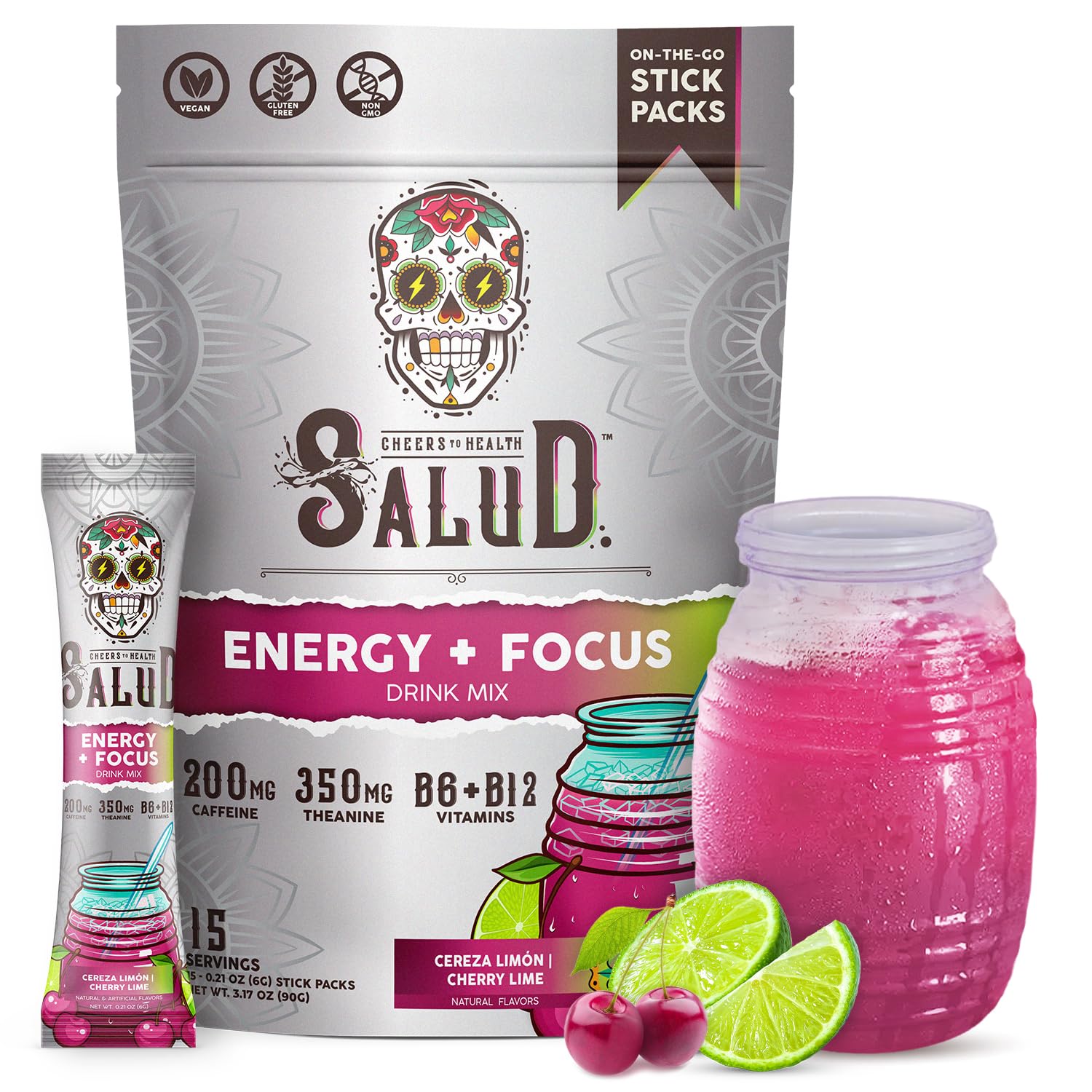 Salud 2-in-1 Energy Drink Powder + Focus, Cherry Lime, Organic Caffeine, B6 + B12, Theanine, Clean Energy Drink Packets, Agua Fresca Mix, Non-GMO, Gluten Free, Vegan, 1g of Sugar, (15 Servings)