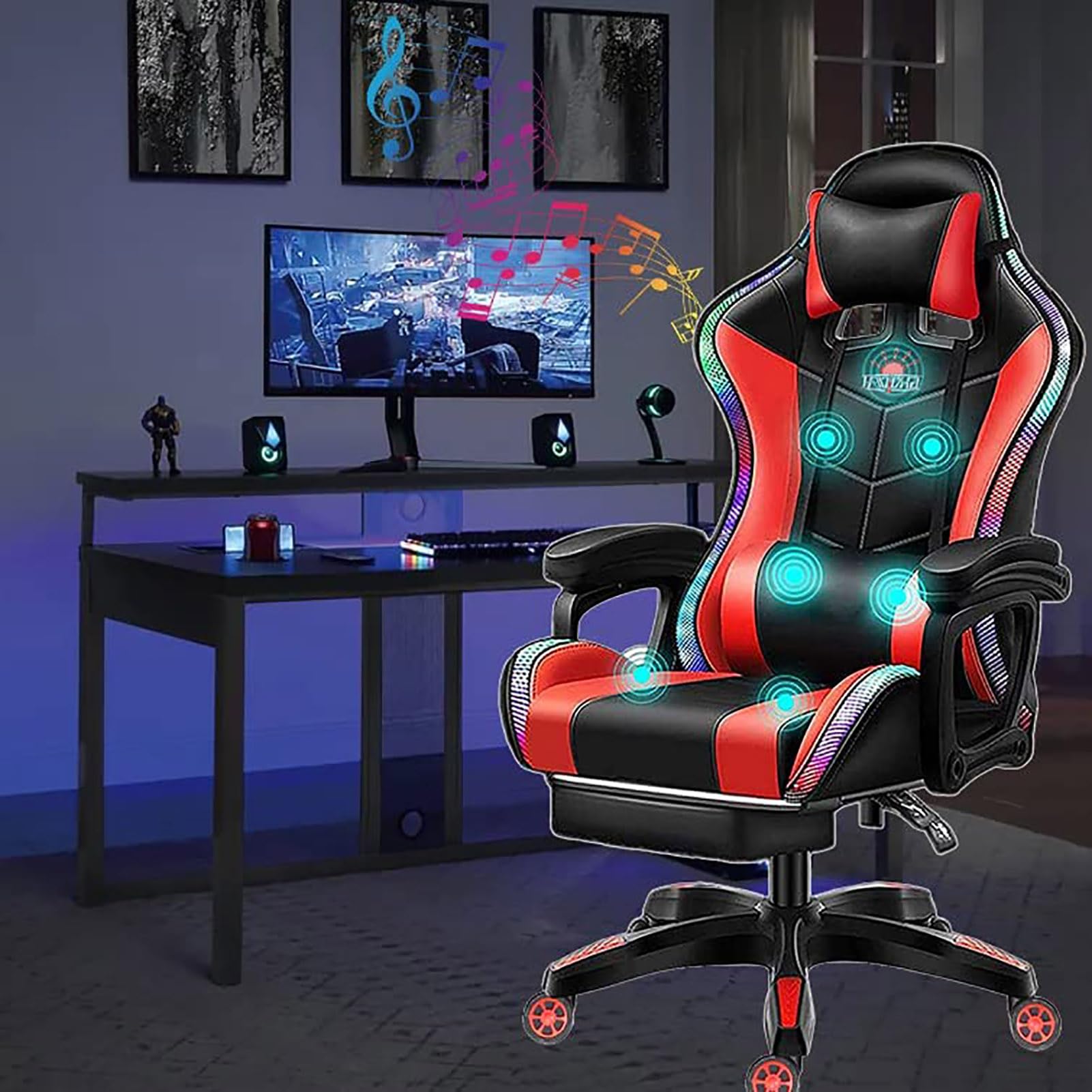 Silla gaming con luces LED y altavoces Silla de carreras de computadora con reposapiés y soporte lumbar Silla de oficina ergonómica RGB High Back con reposacabezas,Rojo