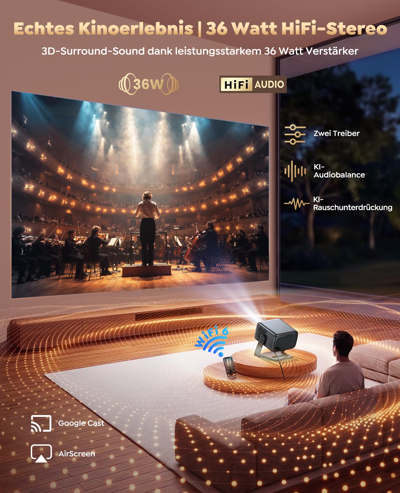 Smart Beamer【Google TV & 30W Lautsprecher】Beamer 4K Heimkino Unterstützt Autofokus/6D Trapezkorrektur, HDR10, WiFi Bluetooth FULL HD 1080P LED Projector 360° Drehständer Outdoor Projektor 4K für HDMI