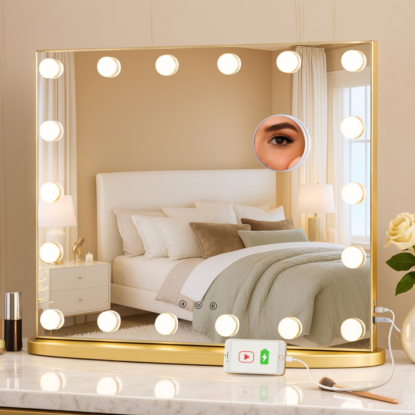 LUXFURNI Vanity Mirror with Lights, 60 x 52 cm Hollywood Makeup Mirror Gold