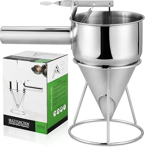 Dispensador de masa de panqueques de acero inoxidable de 20.3 fl oz/20 onzas, dispensador de embudo de pistón con soporte mango desmontable para