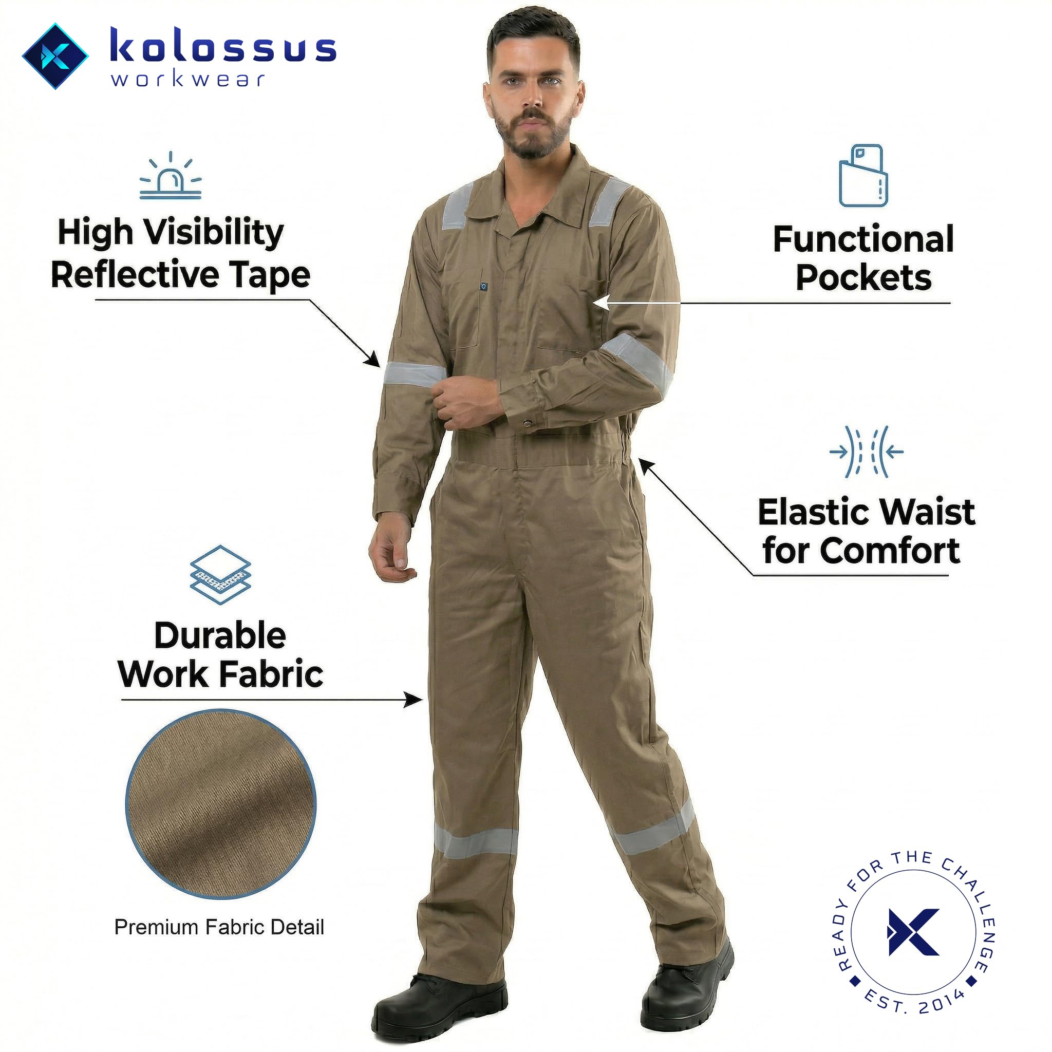 Kolossus Mono De Mezcla De Algodón De Manga Larga Pro-Deluxe Con Múltiples Bolsillos Y Cremallera Antiestática