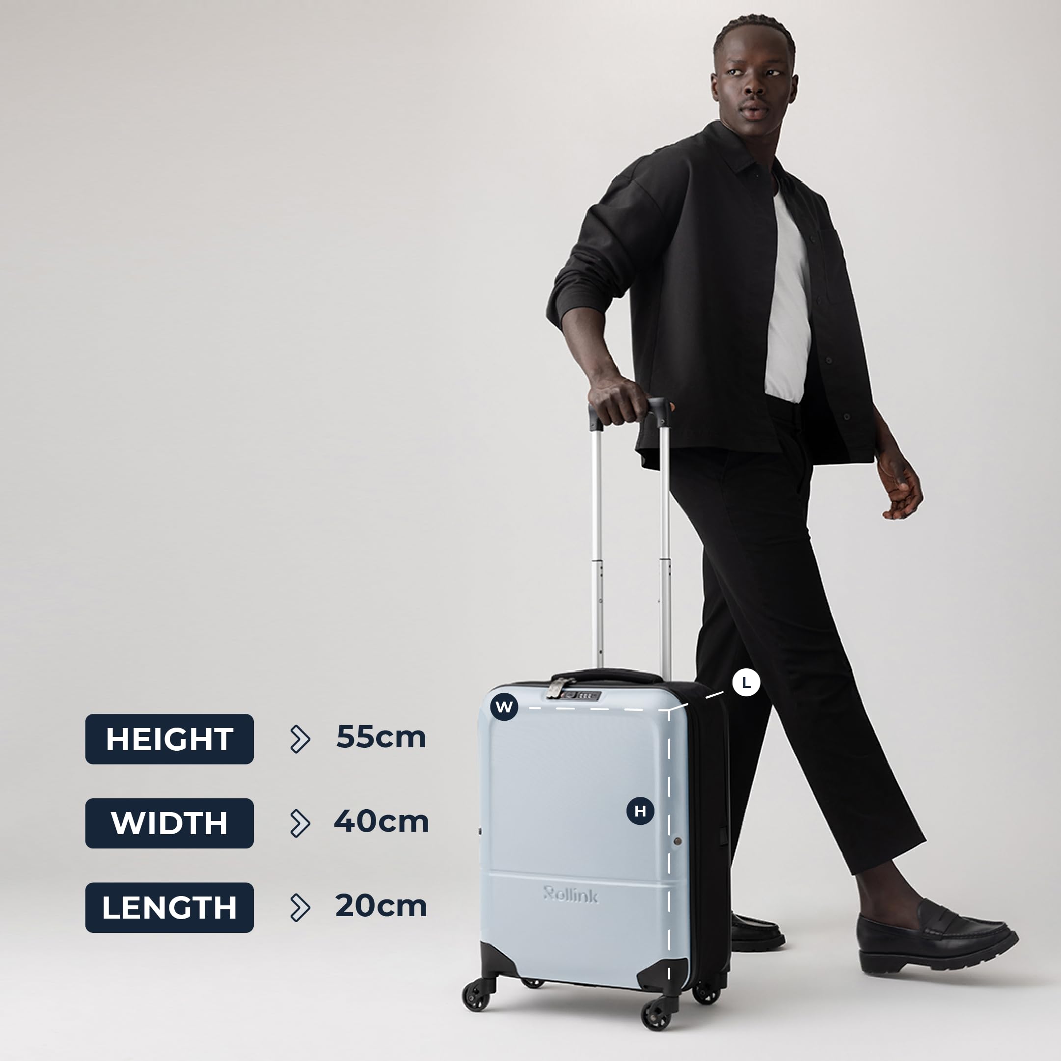 Rollink Flex Light - Maleta plegable (75% de ahorro de espacio), ultraligera (solo 2,45 kg), 4 ruedas, 55 x 40 x 20 cm, ideal para viajes y viajes de negocios, plata, Carry-On, Estuche rígido
