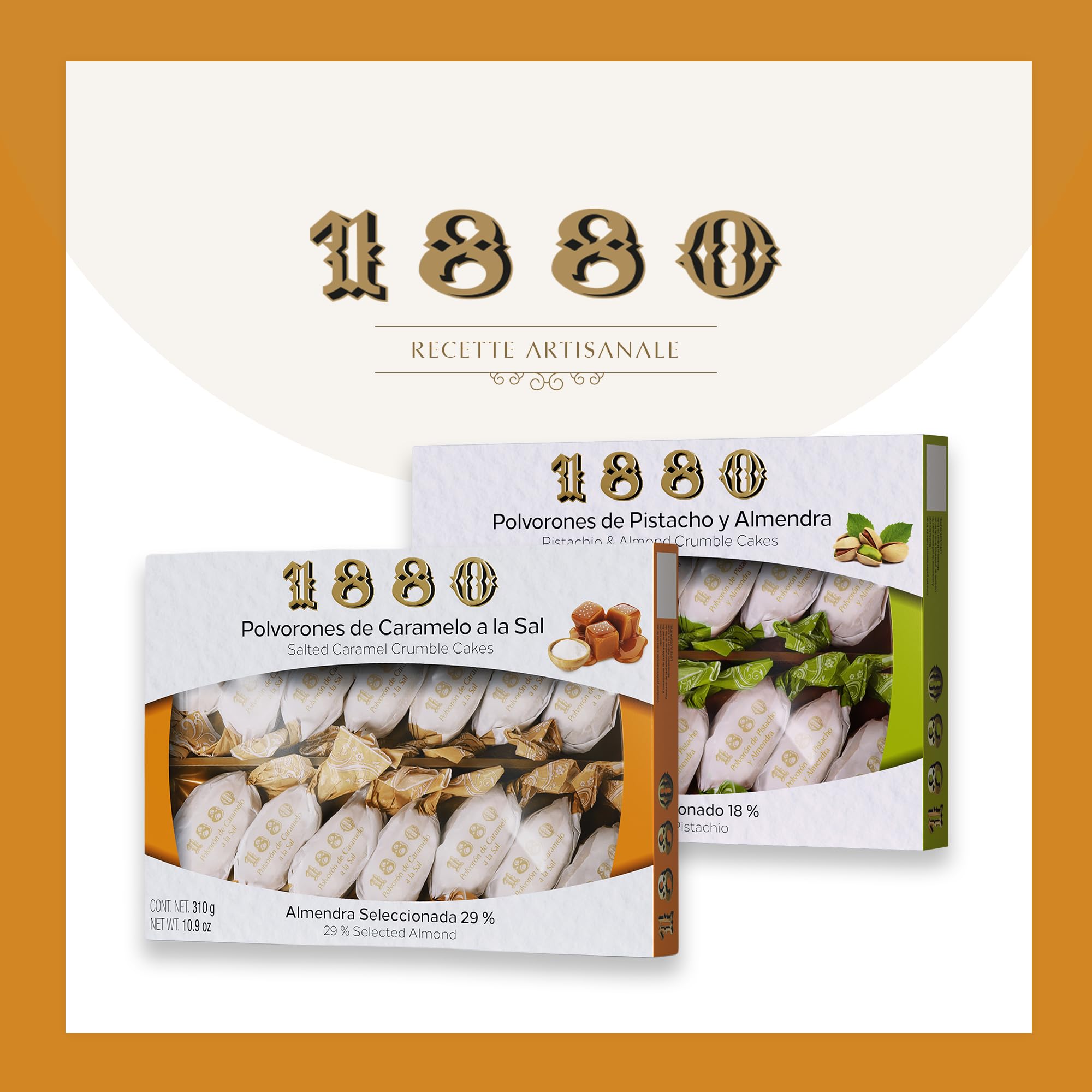 1880 - Sablés Caramel Salé, Qualité Suprême, Douceur typique de Noël, Recette Artisanale, Boîte Unique, Polvorones Traditionnels, Fabriqués avec des Amandes Sélectionnées, 280 Grammes