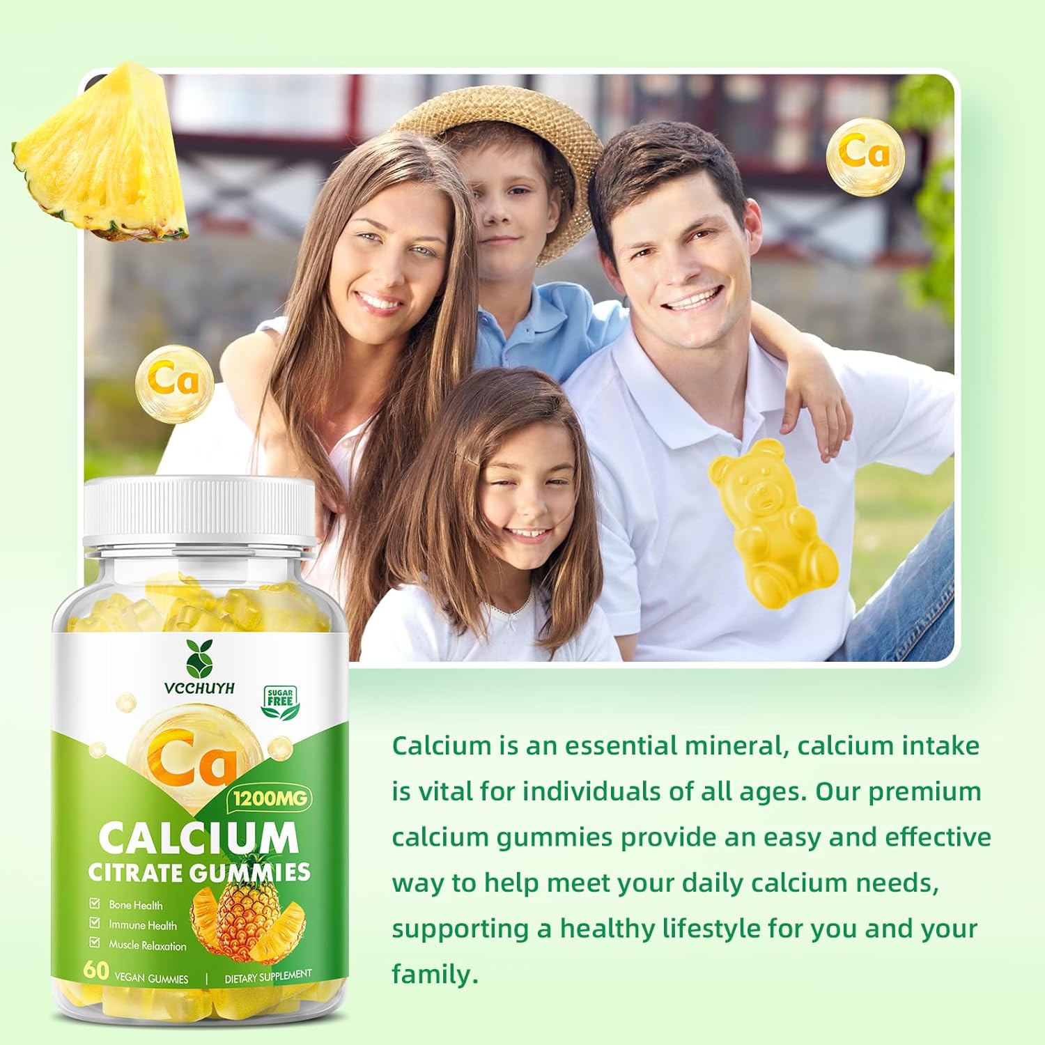 Calcium Citrate Gummies 1200 mg, Sugar Free Calcium Gummies for Adults & Kids, Chewable Calcium Supplements for Women, Bone & Immune Support, Pineapple Flavor 120 Count