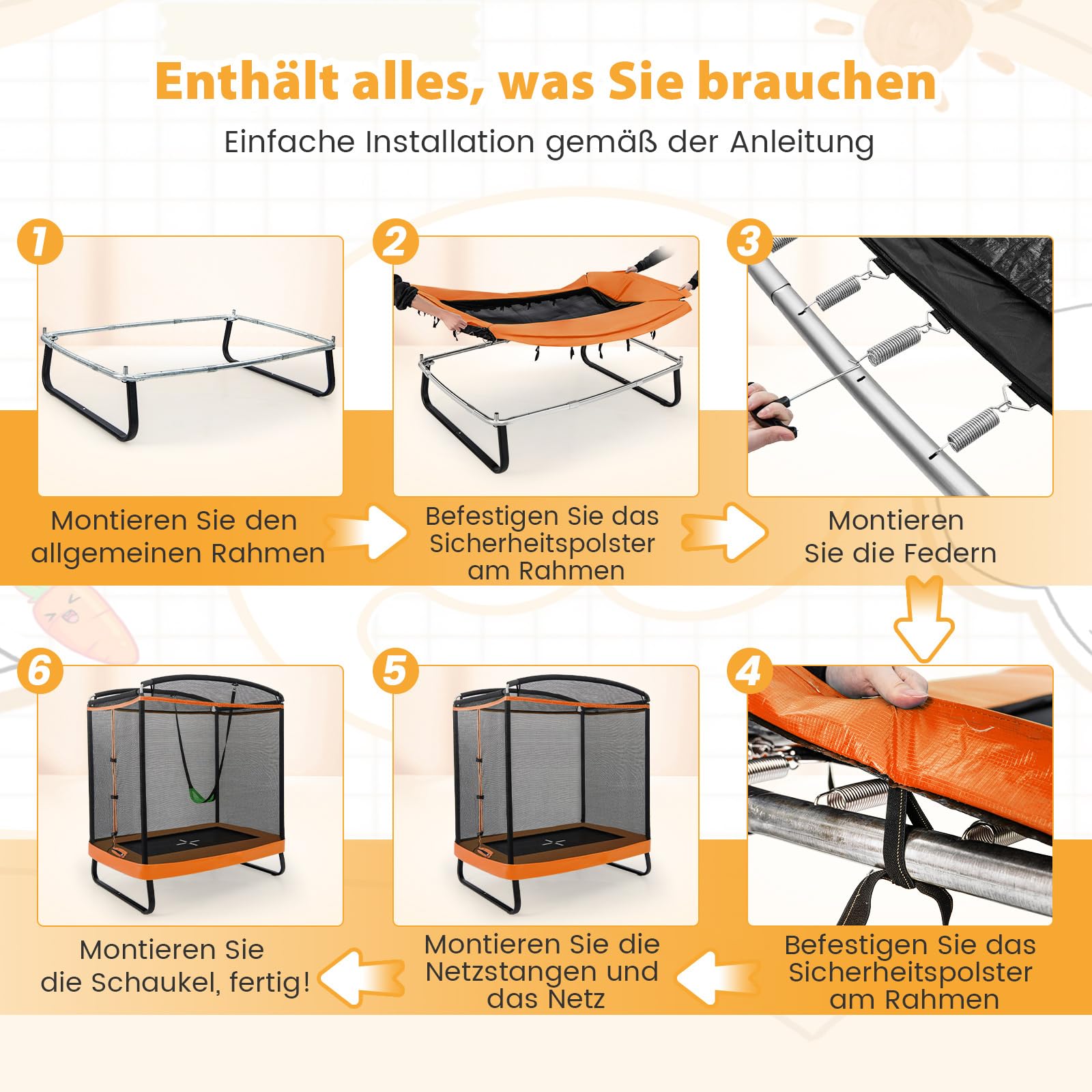 GYMAX 2 in 1 Trampolin, Freizeittrampolin mit Schaukel & Sicherheitsnetz, Kindertrampolin, Gartentrampolin, Outdoor-Trampolin für Kinder ab 3 Jahren, 190x122x210 cm