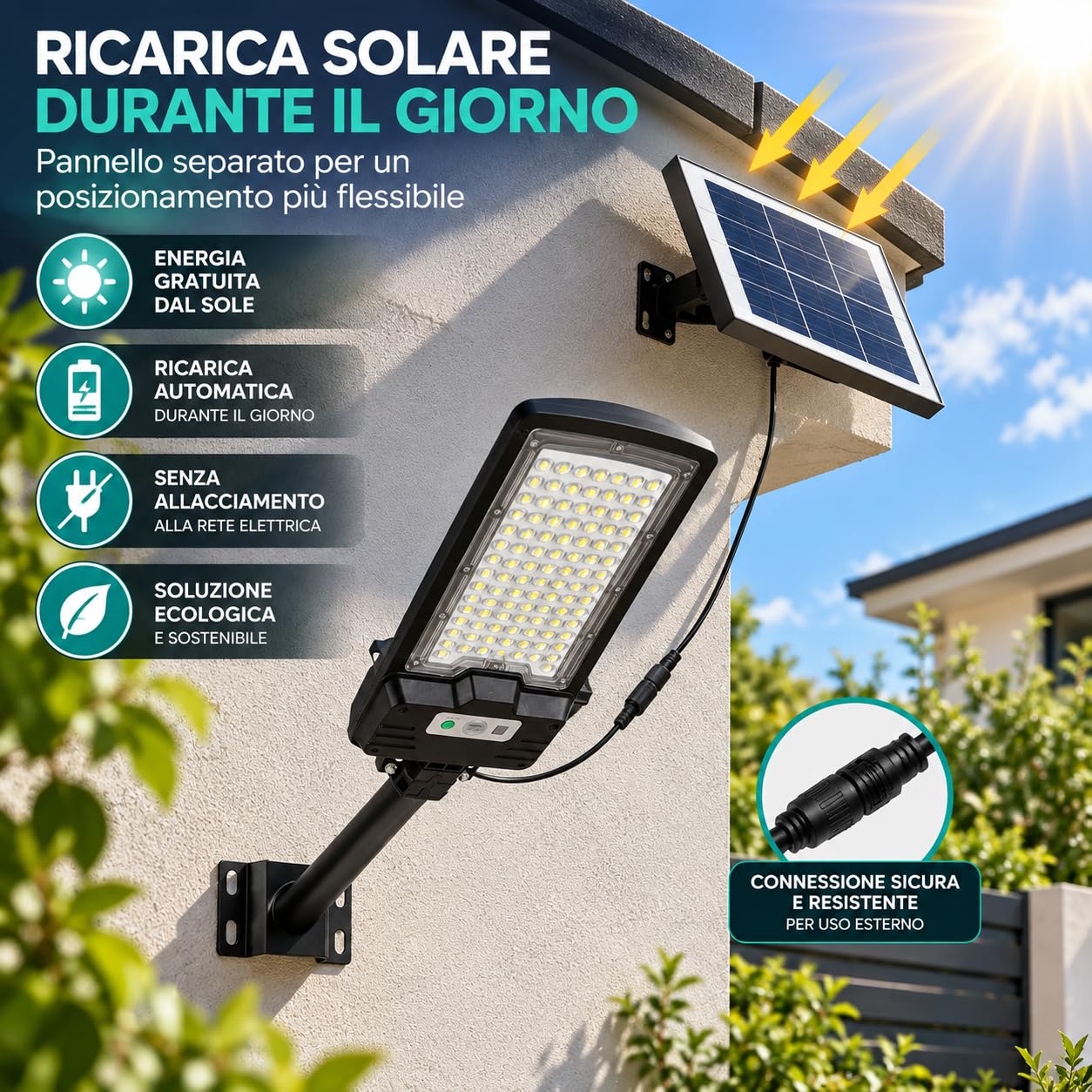 Lampione Solare LED Esterno 2000W con Pannello Solare Separato, Faro Solare da Esterno IP67 con Telecomando e Sensore Crepuscolare, Staffa per Parete, Luce per Giardino Cortile Garage