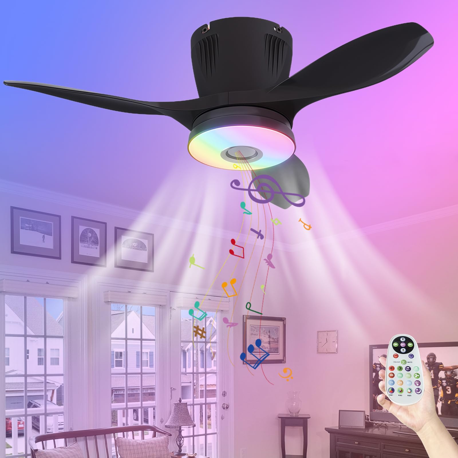 SXDMOUBK Ceiling Fans with Lights and Remote, Modern Fan Light Kit, Quiet Ceiling Fans with Lamps, 36W Dimmable LED, Reversible Fan Light Ceiling, Easy Installation for Low Ceiling Rooms-Black