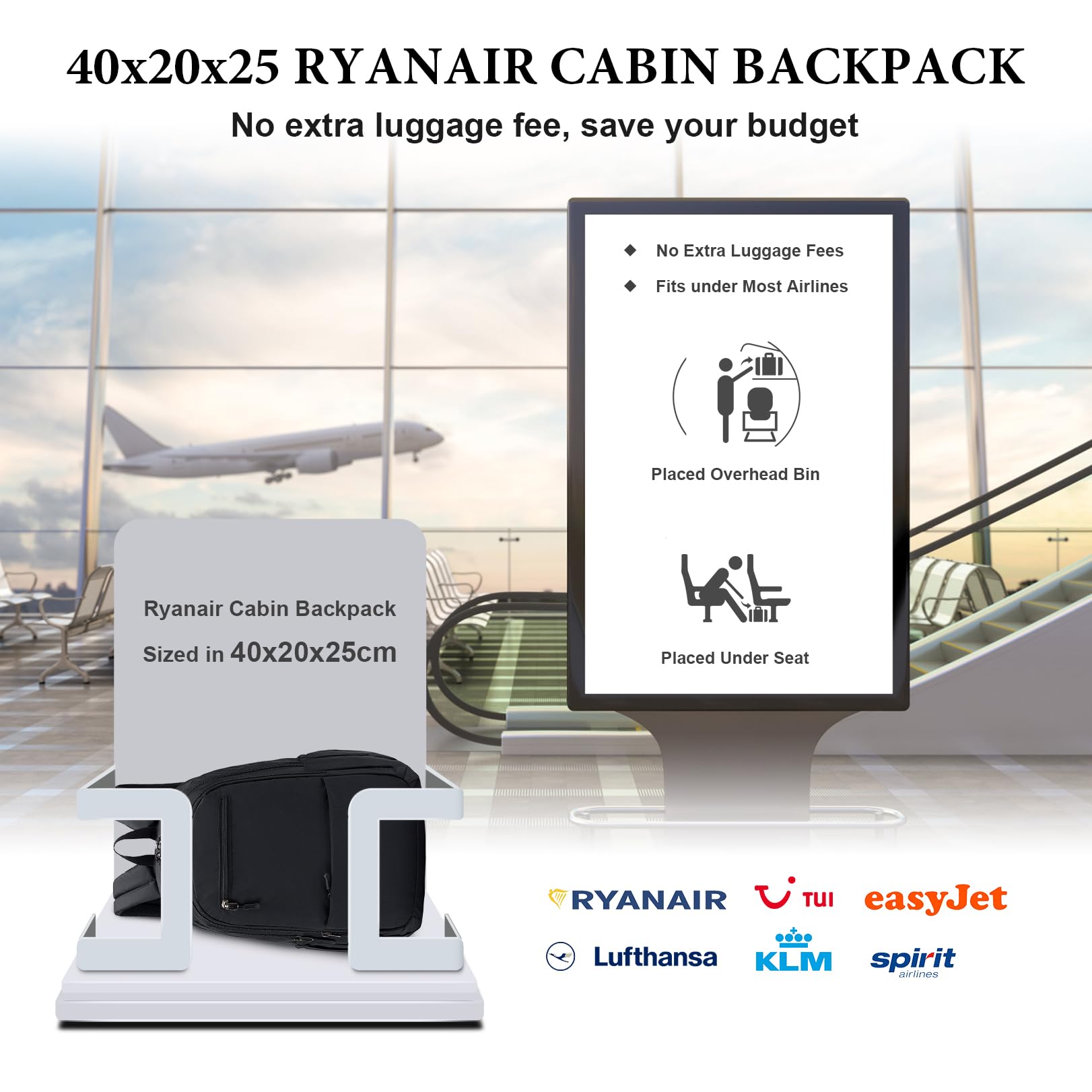 BAGZY Zaino Ryanair 40x20x25, Leggero Zaino da Viaggio Zaino Bagaglio a Mano Impermeabile Zaino Lavoro Zaino per Aereo Zaino Università