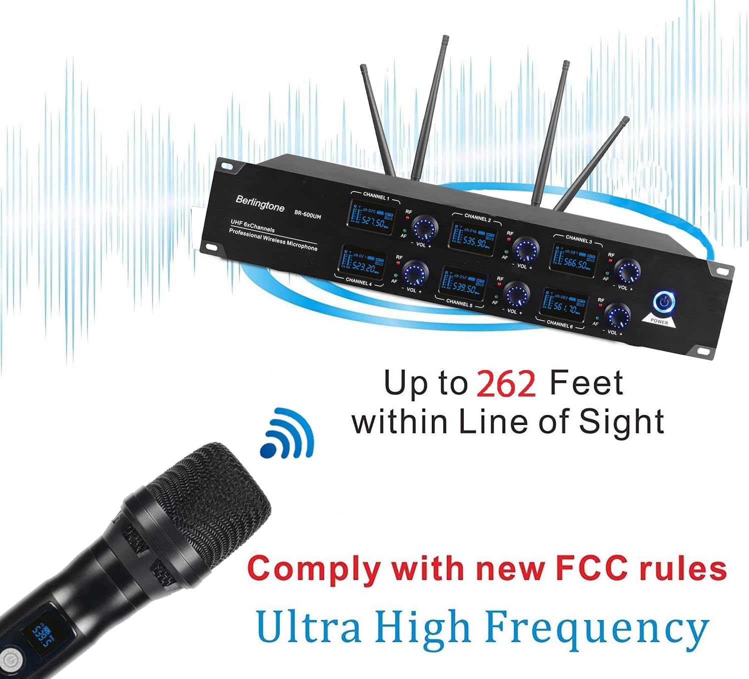 Berlingtone) 6-Channel UHF Wireless Microphone System Cordless Mic with Metal Handheld, Fixed Frequency Channel, Dynamic Microphone for Karaoke, Church, Singing, DJ, 262ft Range (BR-600UM) - Image 3