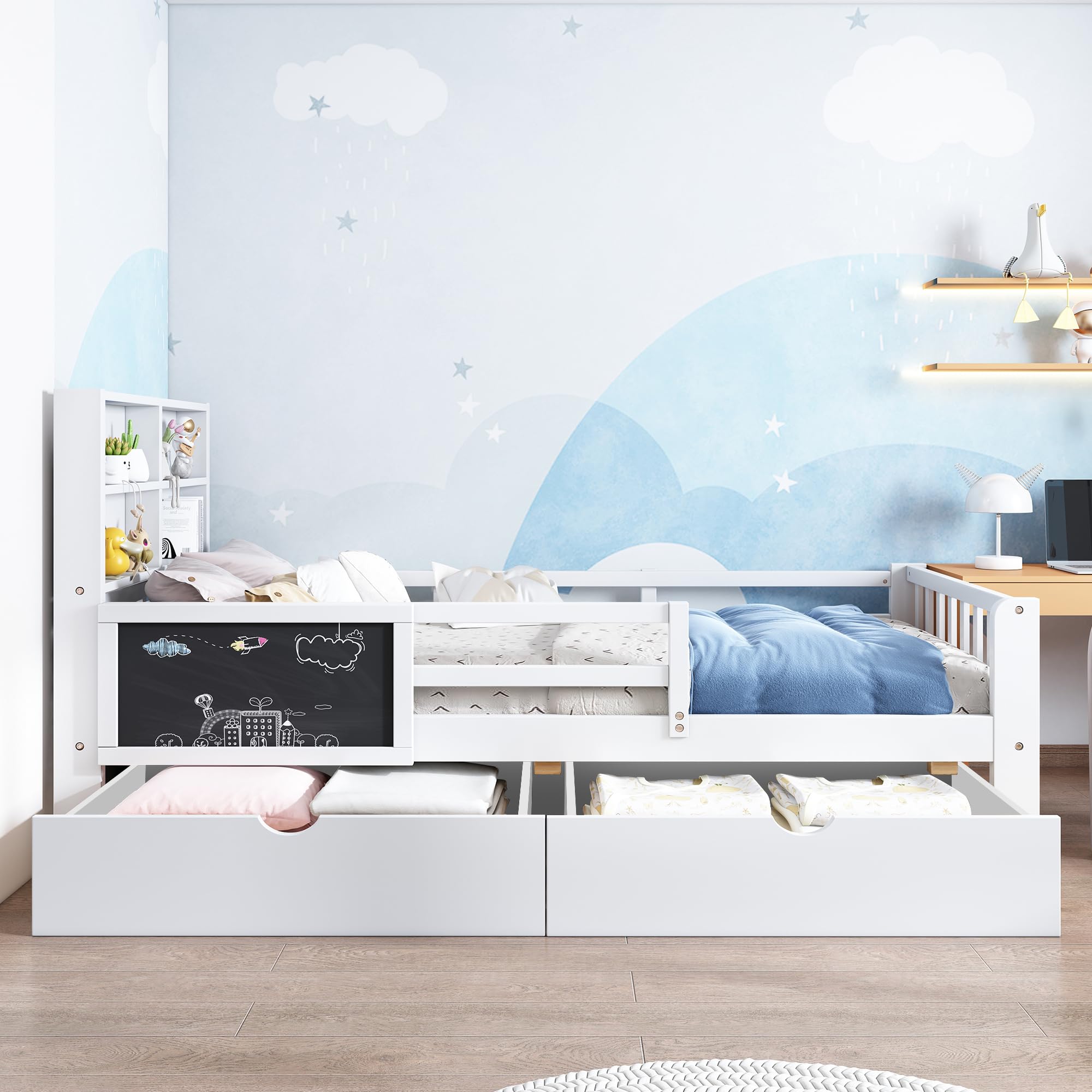 SUKY Lettino per bambini, 90 x 200 cm, con cassetti e lavagna, senza materasso, colore: bianco