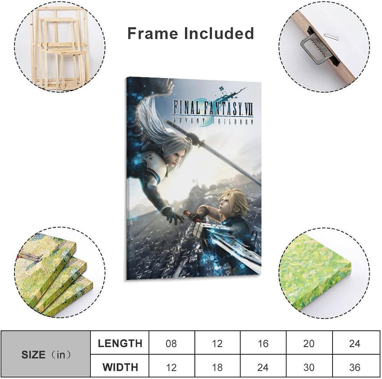 Thcbme Final Fan-tasy VII Advent Children Canvas Wall Art Posters Gifts Bedroom Painting Home Decor Hanging Pictures Framed,12x18inch(30x45cm)
