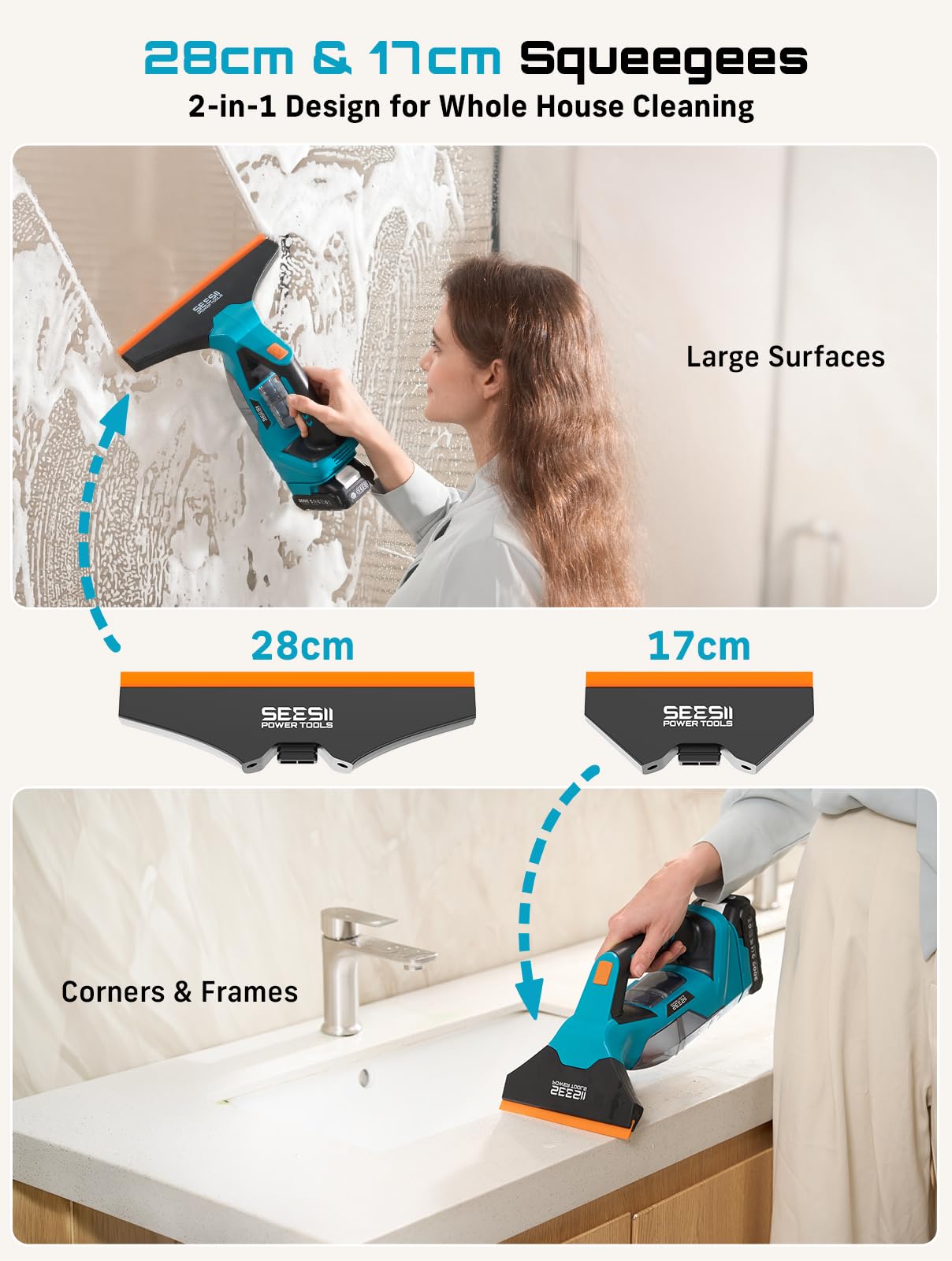 Seesii Nettoyeur de Vitres sans Fil, Autonomie 120 Min, 2 Buses d'Aspiration 28-17 cm, Aspirateur de fenêtre, Réservoir Amovible de 150 ML, Convient pour fenêtres, Carreaux et miroirs