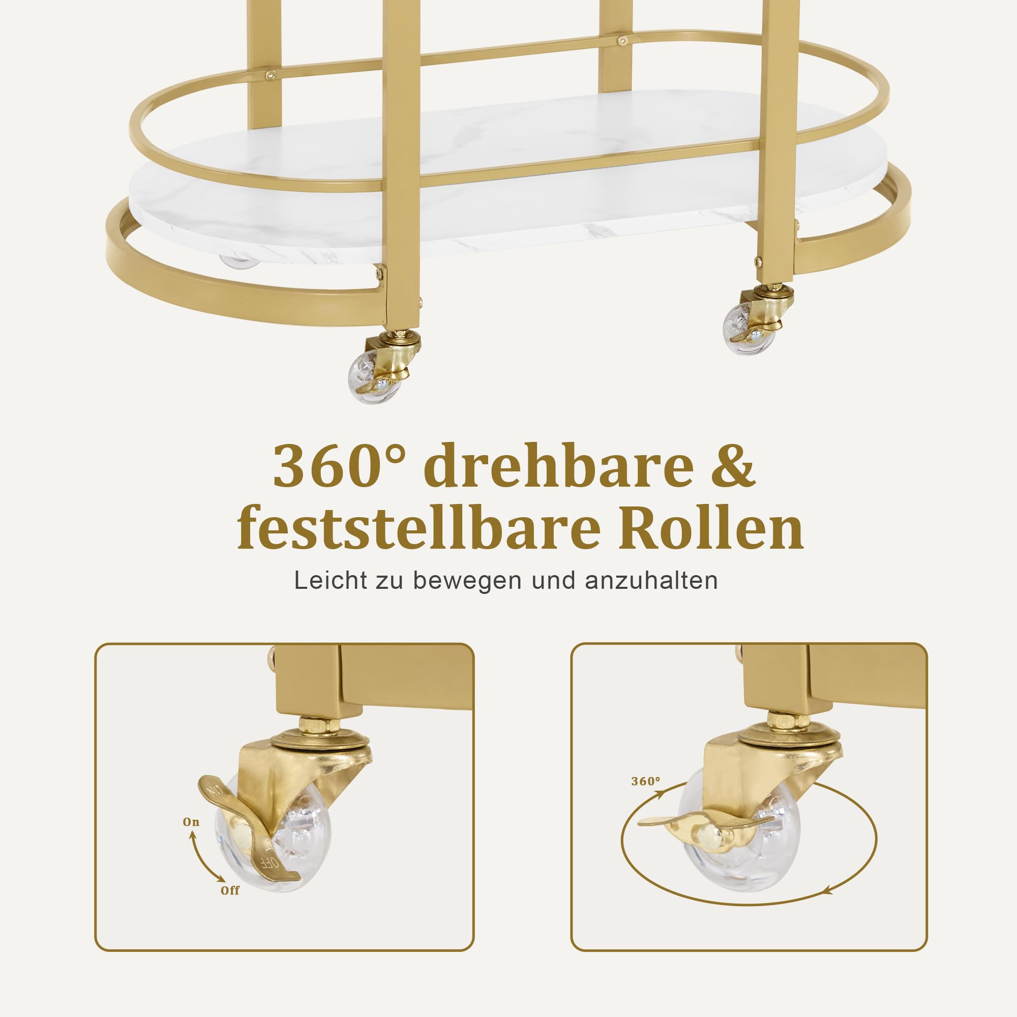 M MCombo Servierwagen mit Rollen, Küchenwagen Barwagen Metallgestell Weiß-Gold, 3 Ebenen, 40x75,5x80