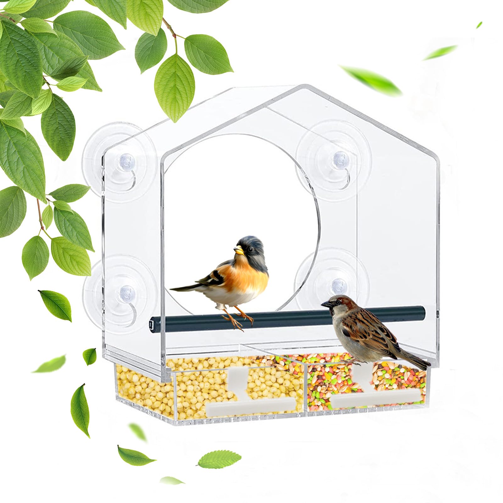 Window Bird Feeder with Strong Suction Cups Acrylic Wild Bird Feeder House Hanging Bird Feeder Bird Seed Feeders with Drain Holes for Wild Bird Small Bird