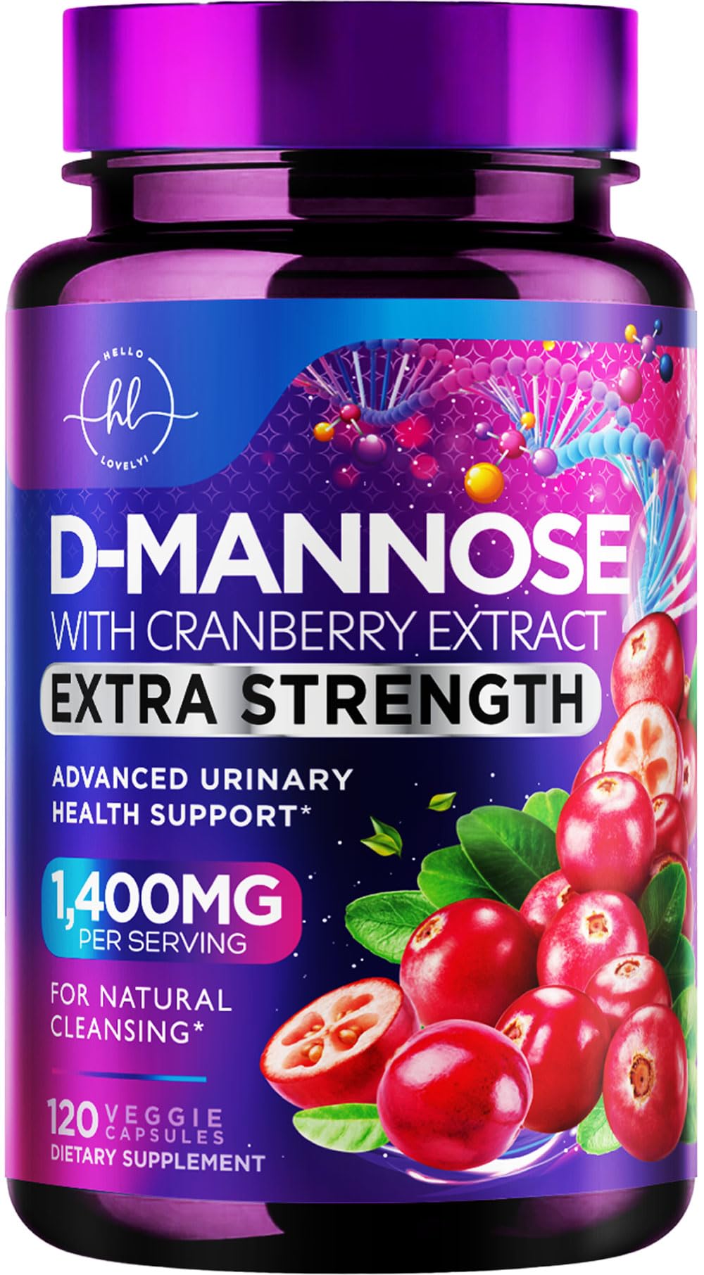 Organic D Mannose 1300mg Supplements - Extra Strength D-Mannose Capsules with Cranberry - for Natural Gentle Cleansing & Urinary Tract Health Support - Gluten Free, Bottled in USA - 120 Capsules 1 Count (Pack of 120)