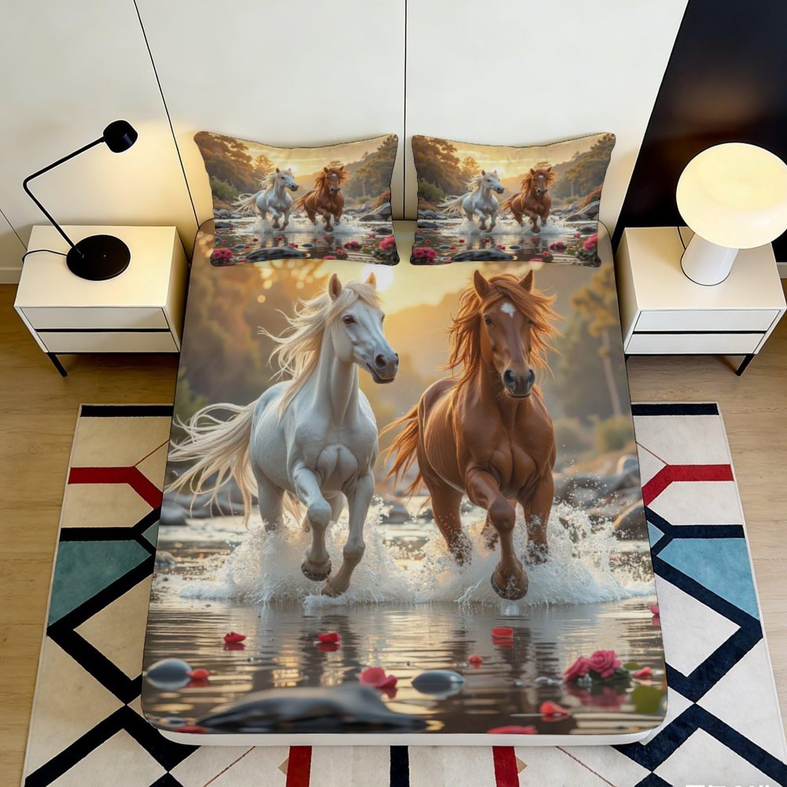 3D Printed Wild Horses Fitted Sheet Microfiber Non-Slip Bed Cover Bedroom Decor Machine Washable for Home Guest Room 90x200x25cm