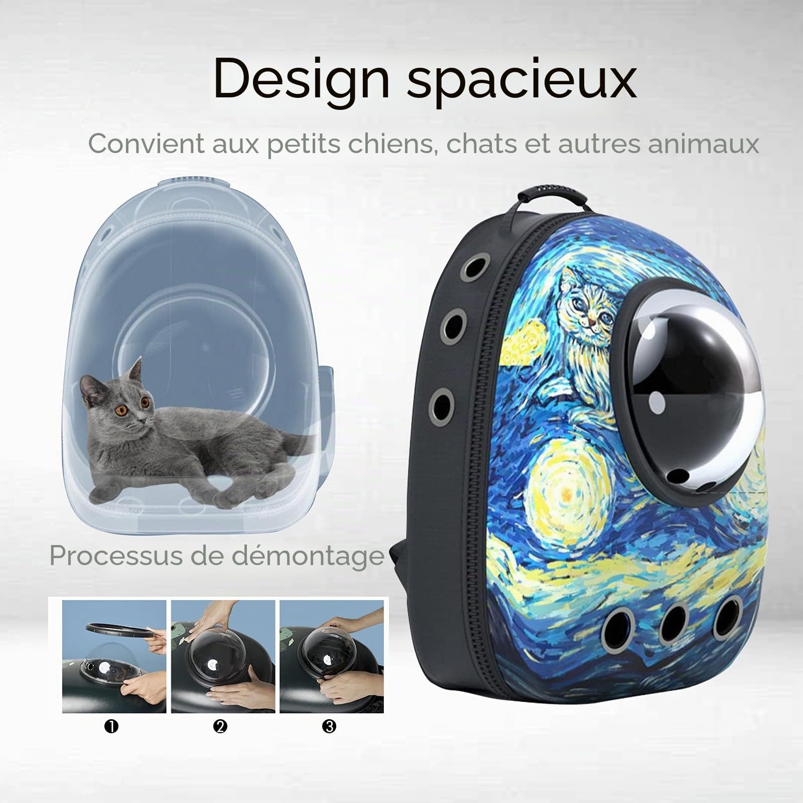 PETCUTE Sac à Dos de Transport pour Chat, Respirant et Bulle Sac à Dos Animal de Compagnie avec Tapis en Laine Lavable,Imperméable Sac à Dos Chat Chien avec Sac de Rangement,Bandoulière Réglable