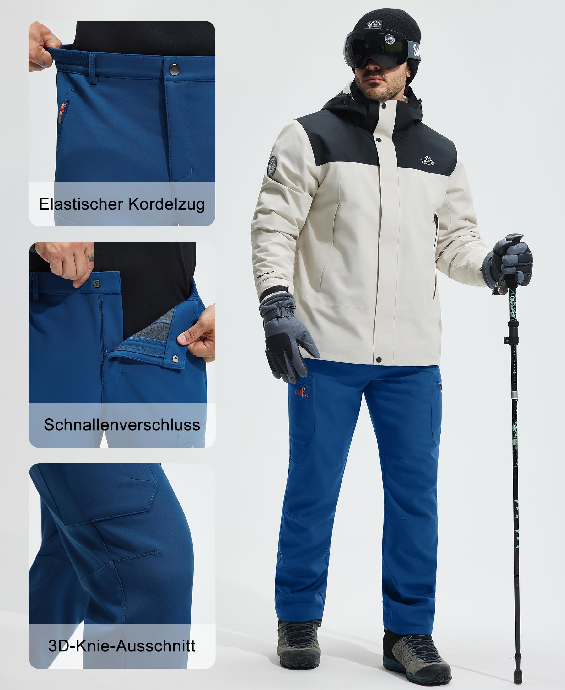 Libin Thermohose Herren Skihose Wanderhose Softshellhose Schiefer Blau 3XL