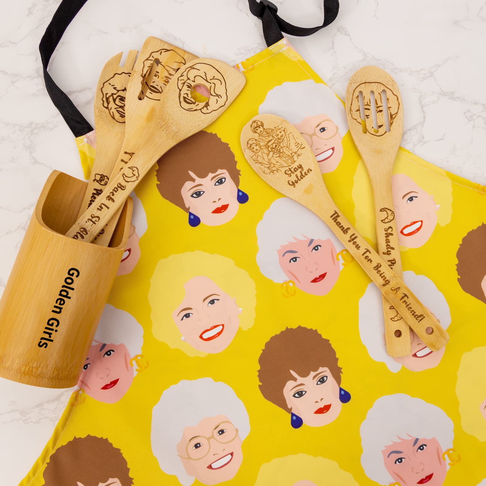 Golden Girls Set di cucchiai in legno per cucinare, merchandising dorato per ragazze, regali d'oro per ragazze, set di utensili da cucina per ragazze dorate: 5 cucchiai in bambù, 1 supporto per
