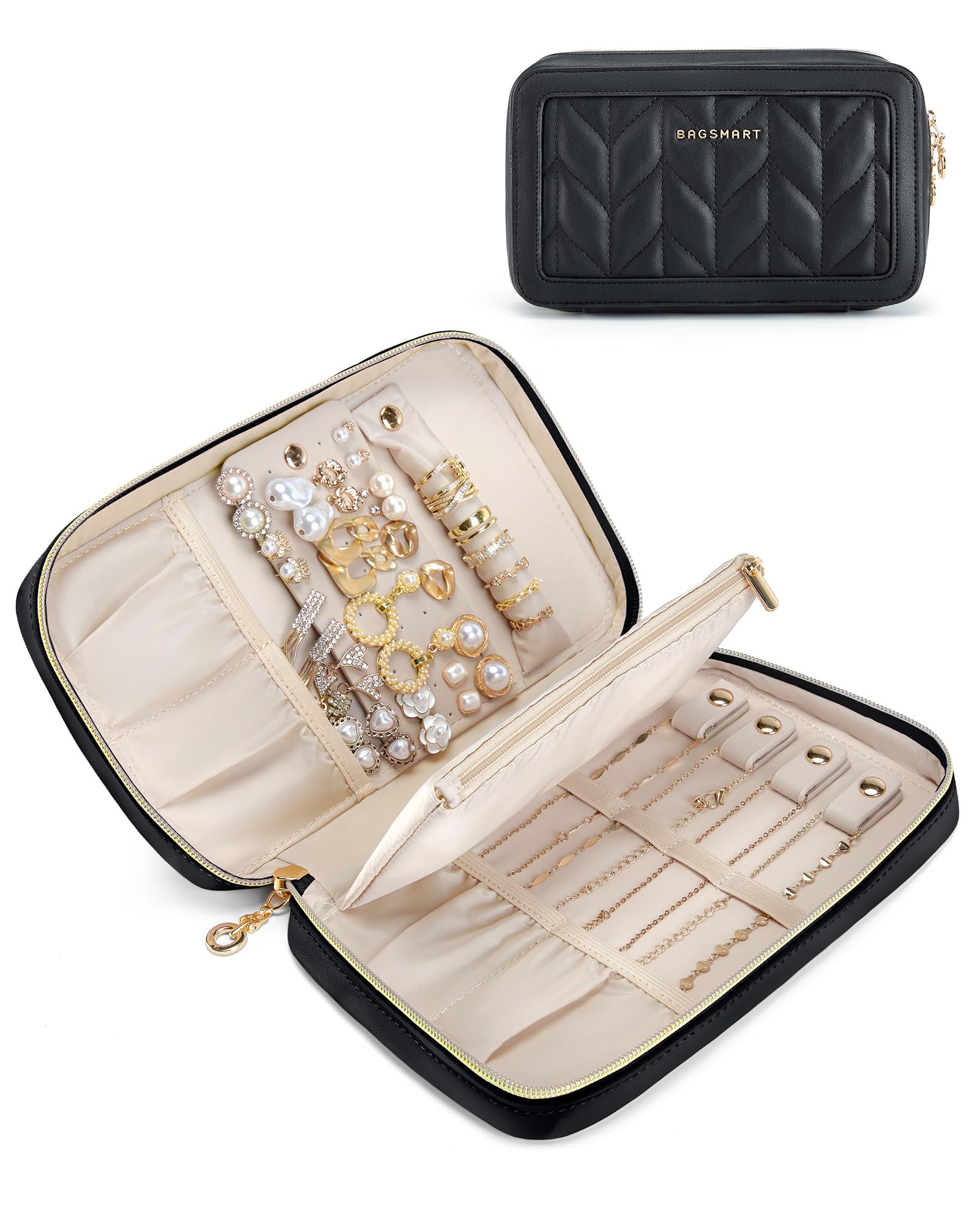 BAGSMART Travel Jewelry Case Jewelry Box Organizers and Storage Earings Holder Organizer for Women for Necklaces, Bracelets, Rings-Black