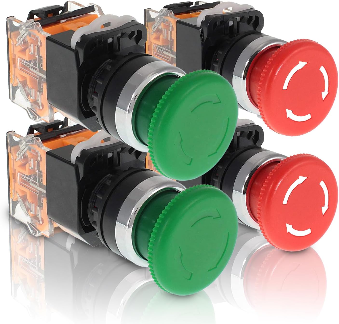 Emergency Push Button Switch, Green & Red Mushroom Head, Home or Industrial Equipment, Surgery Room, Power Distribution Box, No NC, 22mm, StayPut (4 Pack, 2 Green & 2 Red)