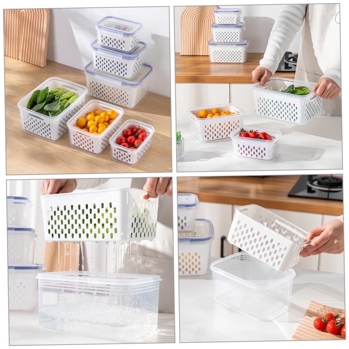 Alipis Set 3 Pezzi Contenitori per Frutta e Verdura con Coperchio, Design Trasparente in Pp, Capacità 850ml 1750ml 3300ml con Scolapiatti Rimovibile per Frigorifero