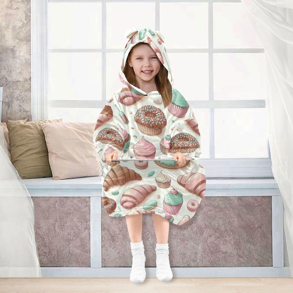 Cupcake Donut dziecięcy koc do noszenia z kapturem, oversize, bluza z kapturem, sweter, różowy, obraz, dla chłopców i dziewcząt w wieku 3-14 lat, multi, 150-170