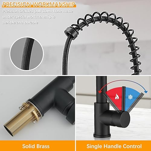 Miniatura 7 de BESy Grifo de cocina con rociador extraíble, mango único de arco alto, resorte de una sola palanca, grifo de fregadero de cocina con rociador