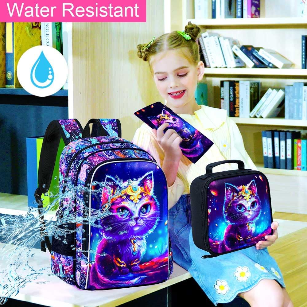 WZLVO 3PCS Cat Backpack for Girls, 16'' Kids Preschool Bookbag with Lunch Box, Cute Water Resistant School Bag Set for Elementary Kindergarten Toddler - Image 2
