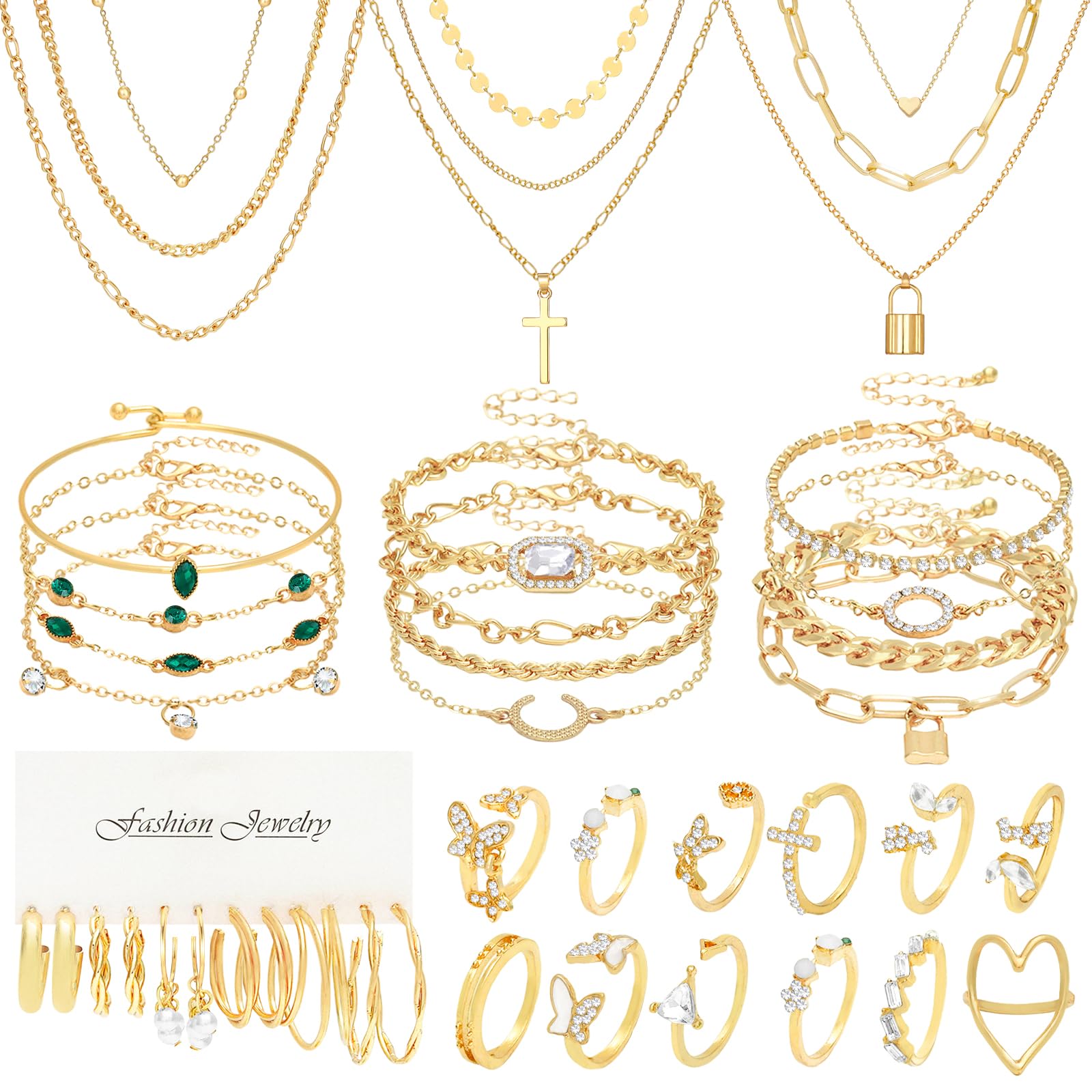 NEWITIN 49 Pieces Gold Jewelry Set for Women Fashion Costume Jewelry Gold Plated Necklace Bracelet Ring Gold Earrings Set for Women
