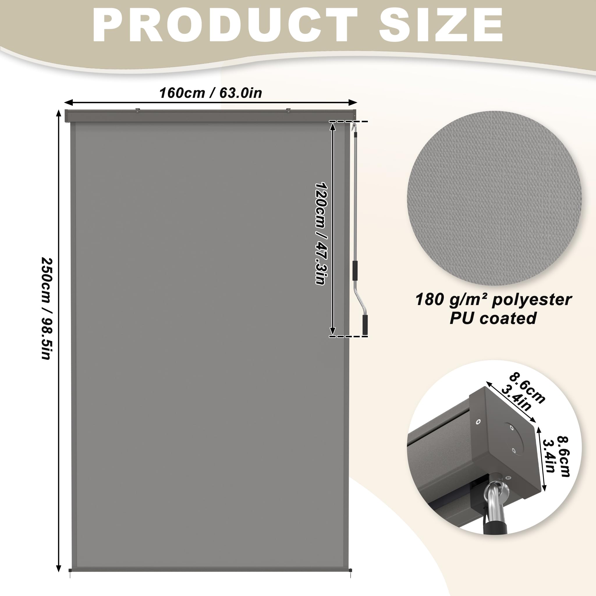 FIVMEN Toldo vertical exterior de 160 x 250 cm, resistente a la intemperie, protección solar con manivela, estor de protección solar para balcón, 160 cm de ancho, protección visual para balcón
