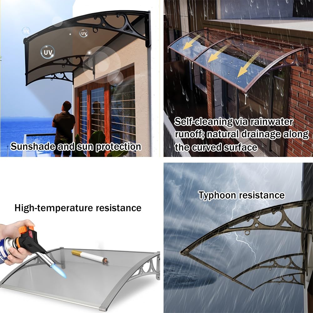 Tenda a baldacchino in policarbonato con staffa in alluminio, protezione UV per tutte le stagioni, protezione da pioggia e neve, per veranda e patio, 80 x 240 cm, design trasparente