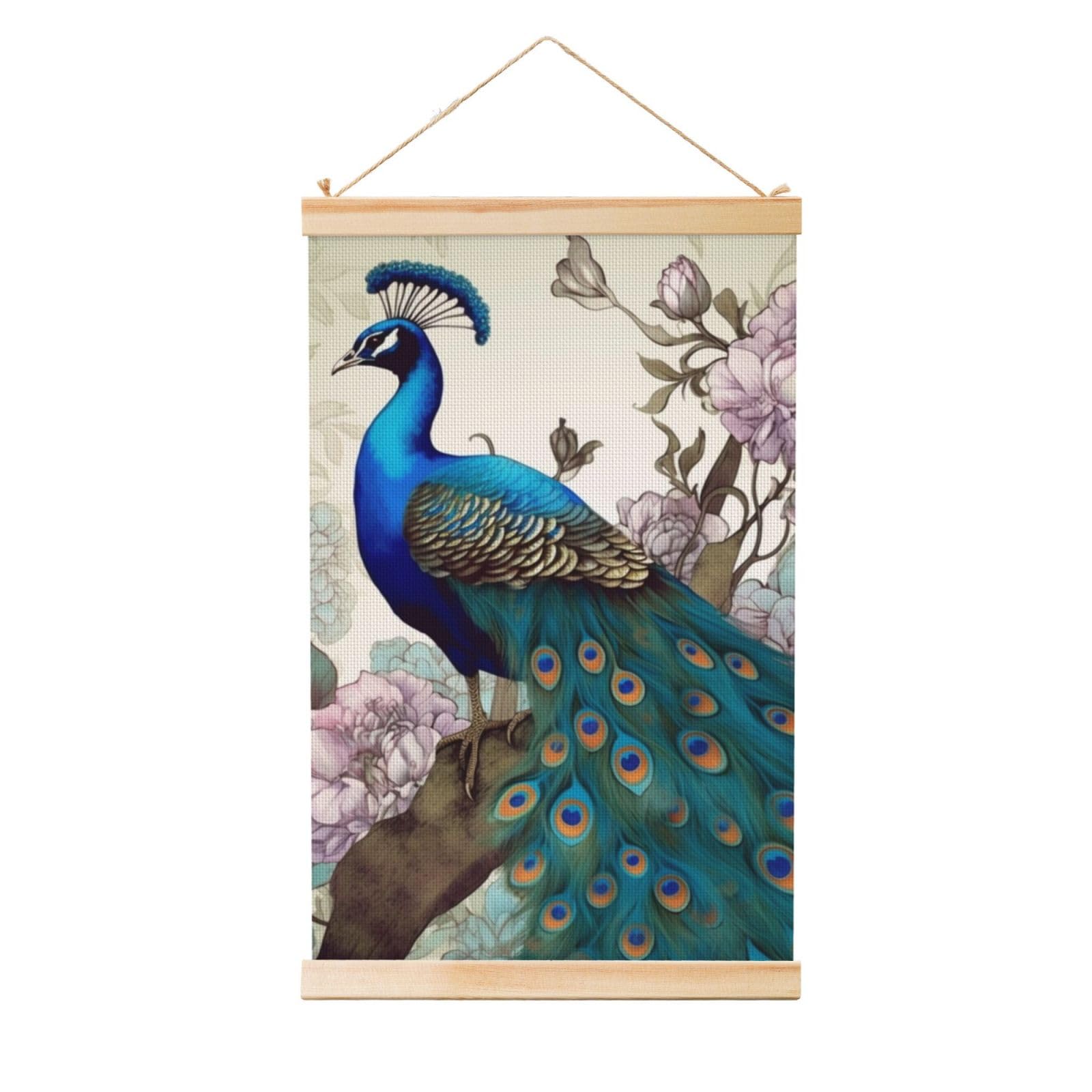 Peacock Floral Poster Wooden Shaft Hanging Poster Wall Hanging Banner Canvas Artwork with Wood Frames 12"x18" Modern Artwork Decor Ready to Hang Wall Art for Home Decor Scroll Painting