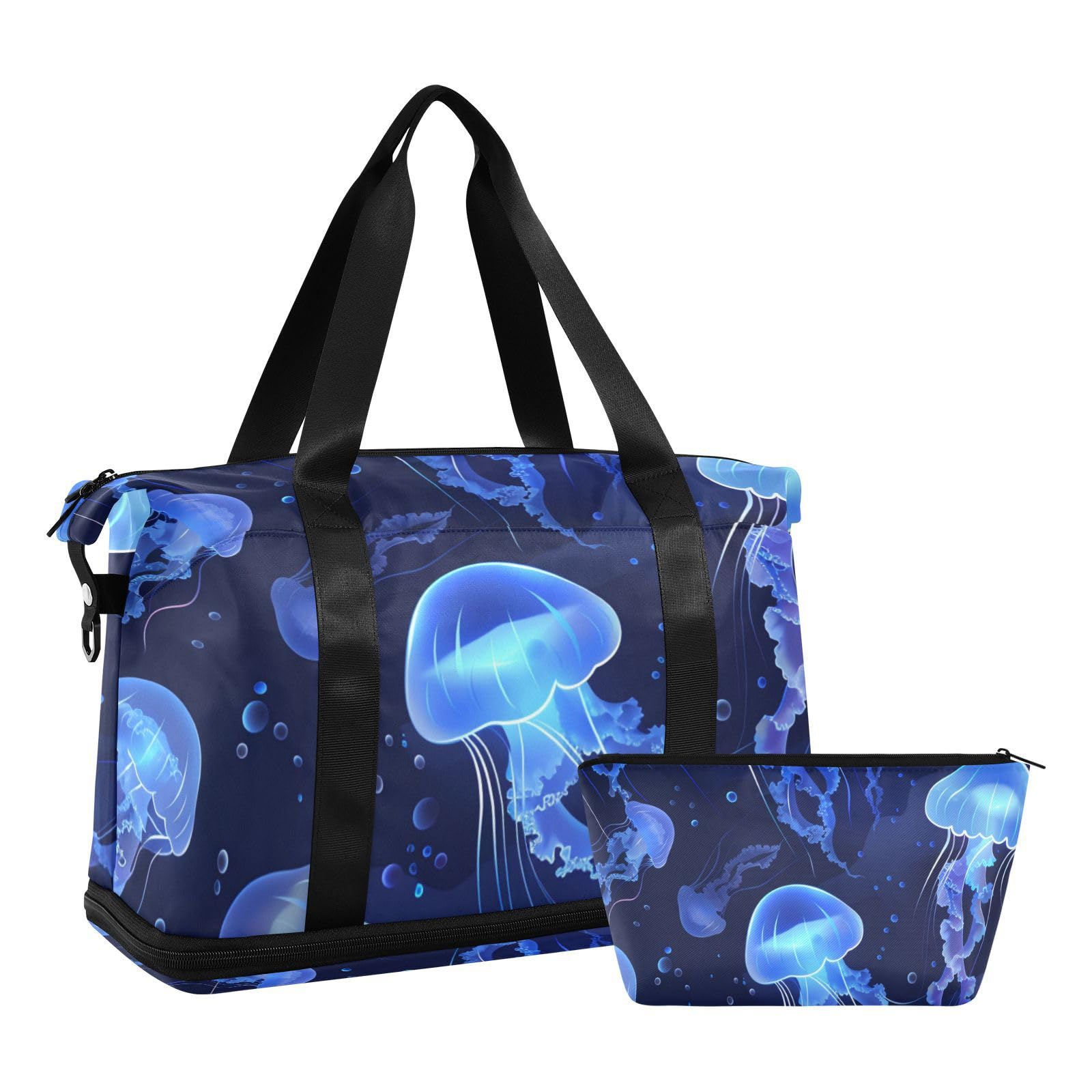 Borsone da viaggio con meduse blu galleggianti in mare, borsa da viaggio con tracolla regolabile, multifunzionale, Medusa blu galleggiante in mare, 1 size