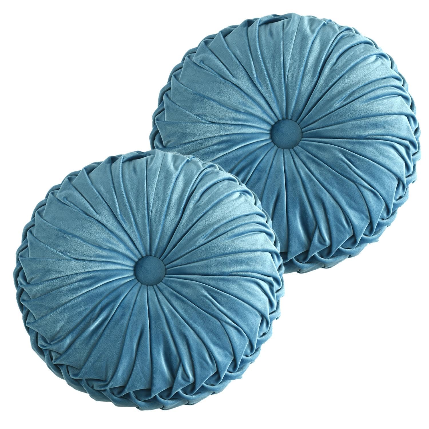 HIG Set of 2 Decorative Round Pleated Throw Pillows, Classy Accent Pumpkin Throw Pillows with Center Button, Vintage Velvet Floor Pillows for Sofa Vanity Chair Bed, Dusty Blue, 14.5" Diameter(Ripple)