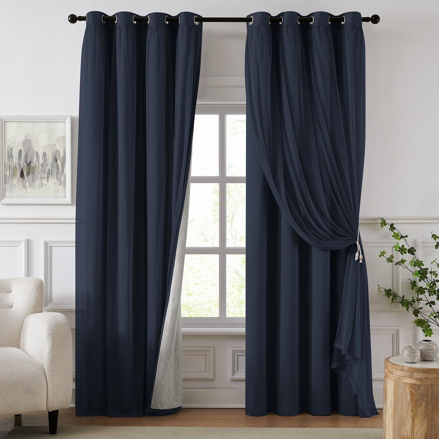 Swandream 100% Blackout Curtains for Bedroom, Double Layer Navy Blue Curtains, Black Out Curtain 96 inch long With Sheer Overlay for Living Room, Room