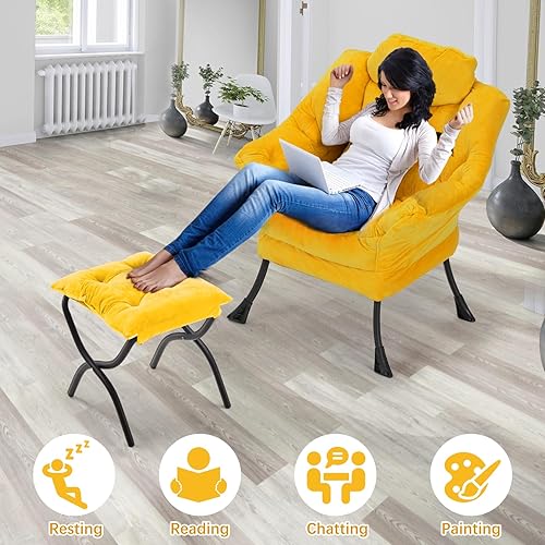 Miniatura 7 de Silla perezosa con otomana plegable, sofá de ocio, sillón de tela suave con reposabrazos y bolsillos laterales, silla de lectura con reposapiés para